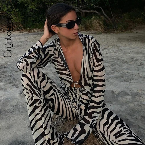 Imagen 1 del producto Conjuntos criptográficos con estampado de animales, malla transparente a rayas, detalle frontal, conjuntos a juego, trajes de moda, conjuntos de 2 piezas, ropa de playa para vacaciones
