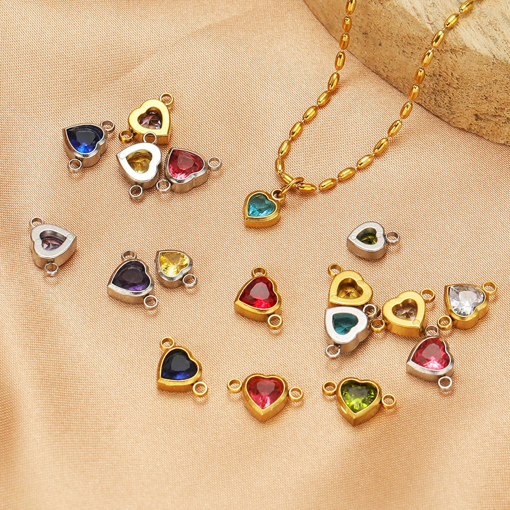 10pcs Stainless Steel Heart Zircon Pendant 6mm Birthstone Charms DIY Jewelry Earring Material Necklace Bracelet Making Wholesale