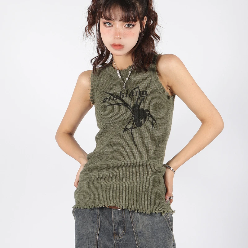 

Y2k Aesthetics Knitted Vest Women Summer Thin Tank Tops Vintage Spider Pattern Harajuku Top Fairycore Ribbed Tee E-girl Grunge