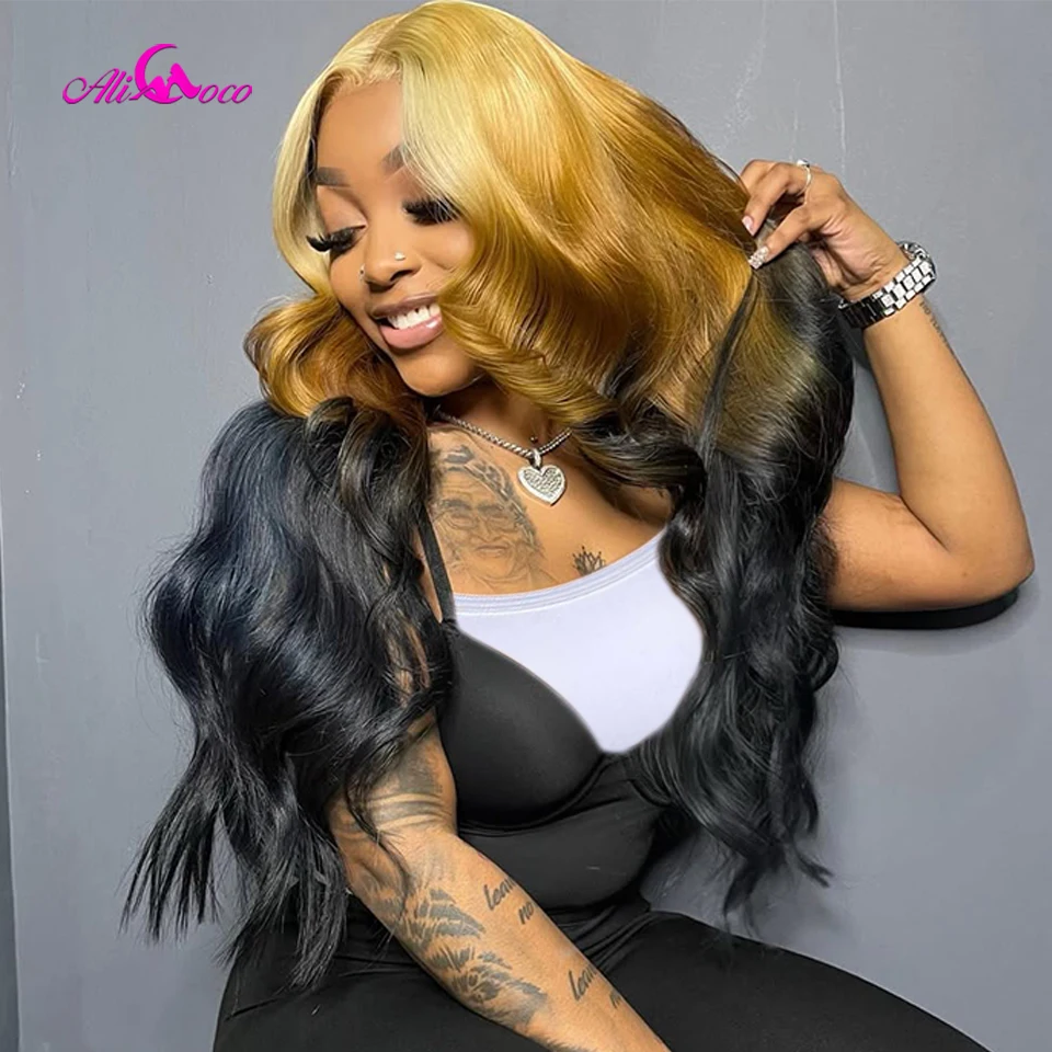 Ombre Yellow And Black Human Hair WigOmbre 13x4 13x6 Lace Front Wig Pre Plucked Body Wave Lace Frontal Wigs For Women