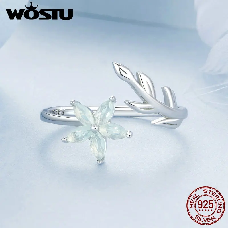 WOSTU Open Ring 925 Sterling Silver Green Floral with Opal Simple Accessories for Women Girl Party Birthday Gift Fine Jewelry