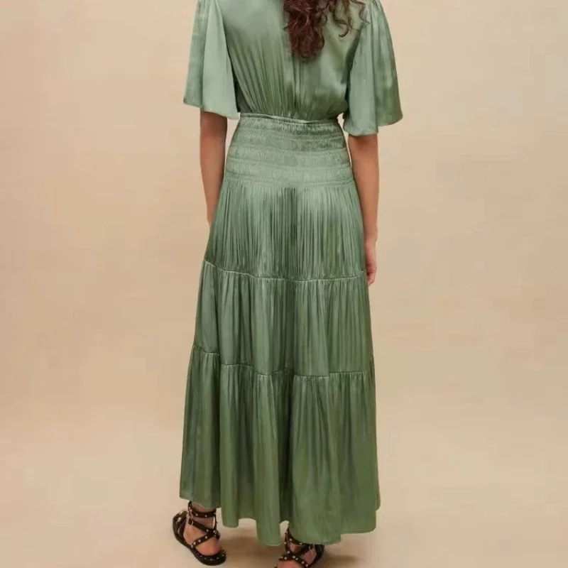 2024 Summer New Arrivals Top Quality Women Fashion Vintage Green Solid Folds V-neck Mid-calf Dresses for Daily