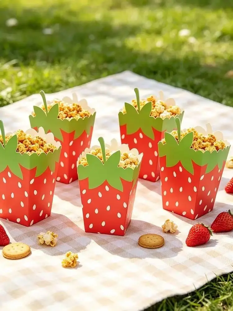 Erdbeer-Popcorn-Boxen, 10 Stück/Packung, Fruchtthemen-Papiertüten für Kindergeburtstage, Babypartys, Geschenkverpackungen