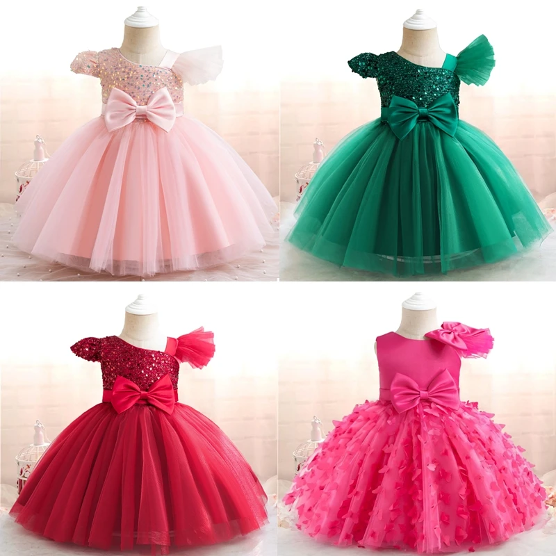 Toddler Baby Girls Sequins Party Dresses Baptism Wedding Costumes 1 2 Year Birthday Bow Princess Dress Bridesmaid Gown Vestidos