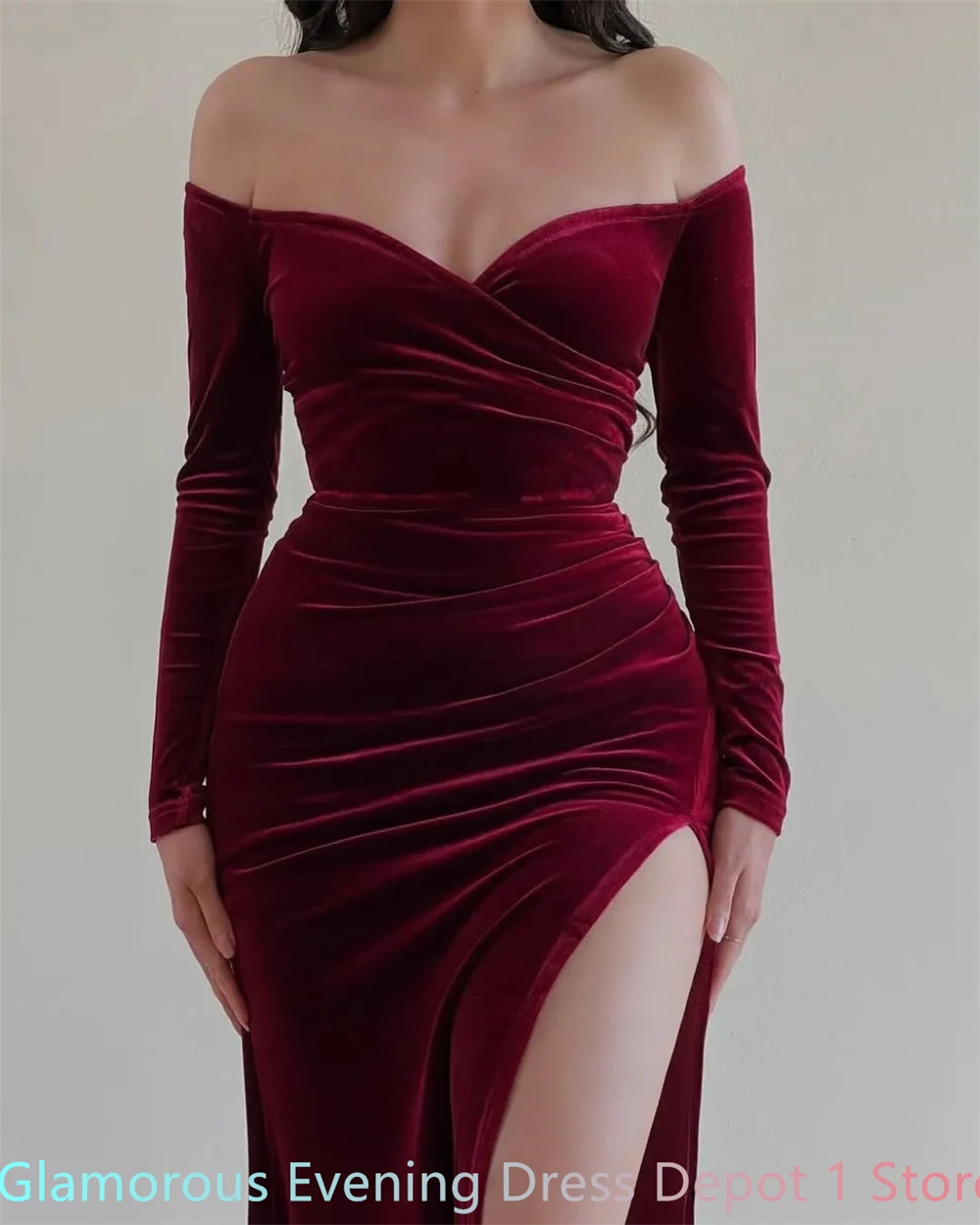 تخصيص حورية البحر لينة بورجوندي القطيفة مساء اللباس الكلاسيكية قبالة الكتف طويلة الأكمام فساتين العودة للوطن الأزياء P