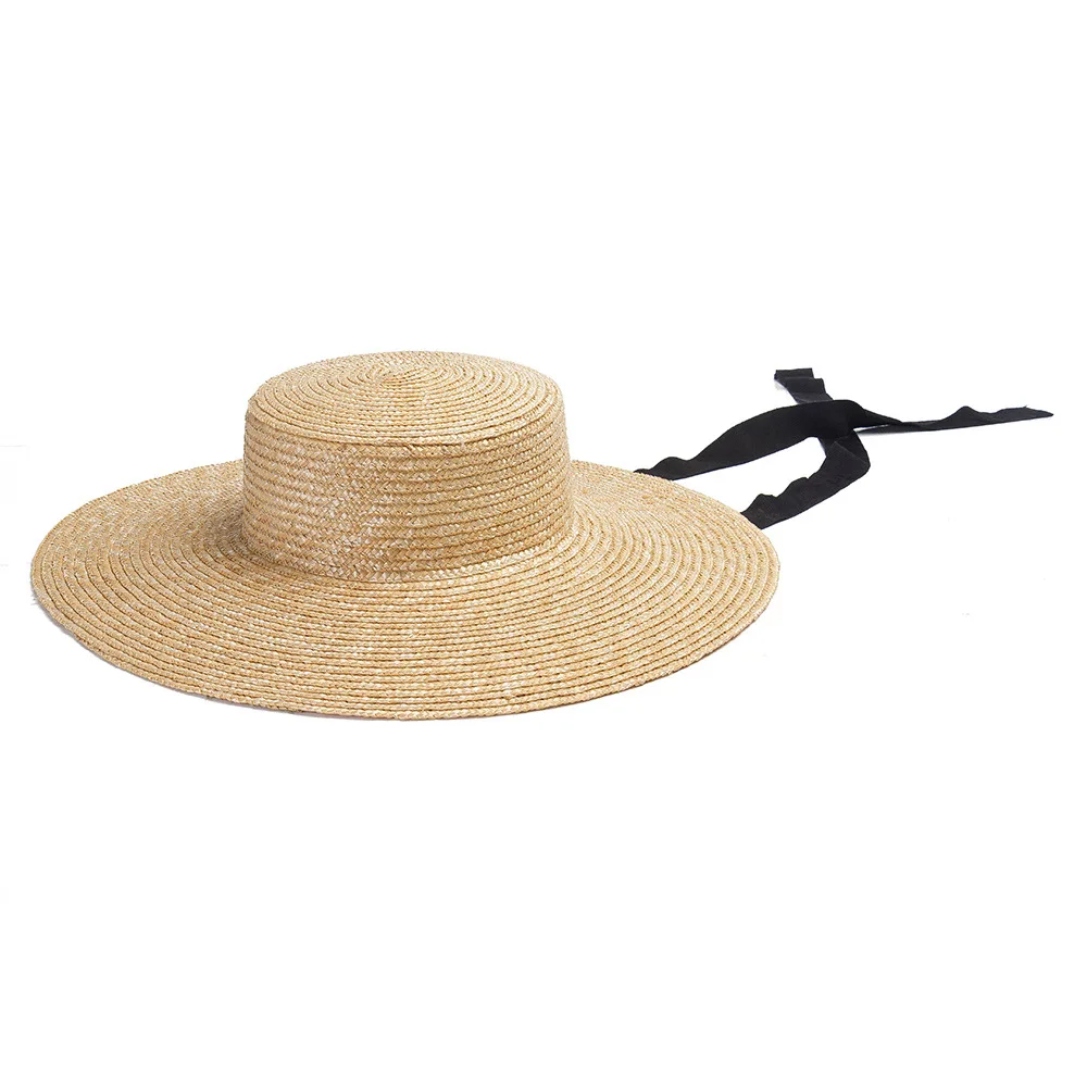 12cm Wide brim Beach Hat Women Wheat Straw Boater Hat Long Ribbon Lace UP Party Beach Hat UV Protection Summer Sun Hat