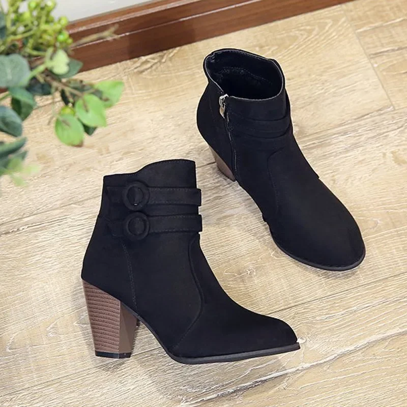 Retro Boots Women\'s Shoes 2024 New Square Heel Woman High Shoe Rubber Ankle Female Solid Platform Short Boots Zapatillas Mujer