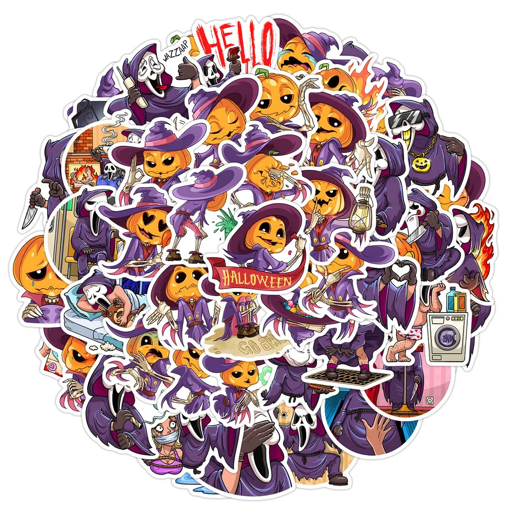 50 قطعة من ملصقات جرافيتي على شكل رأس Ghost & Pumpkin - ديكور مقاوم للماء للهالوين لكوب الماء والكمبيوتر (متجر Anime Worlds)