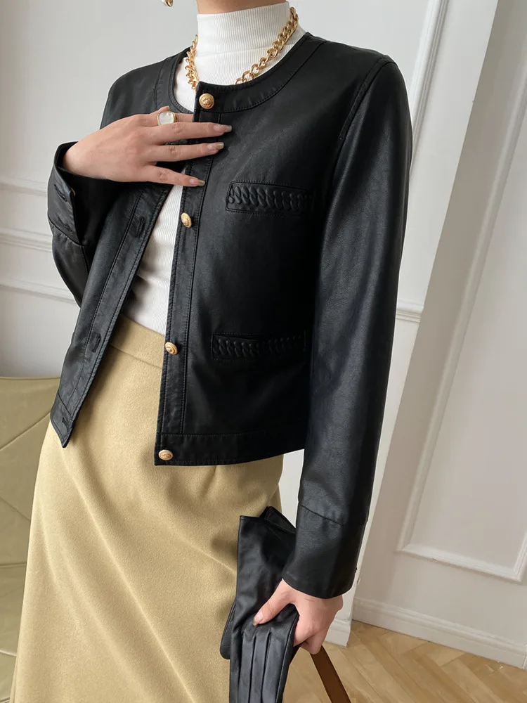 UCXQ Fashion PU Jacket European Style Gold Single Breasted Casual All Match Woven Leather Coat Women 2024 New Spring Autumn 1237