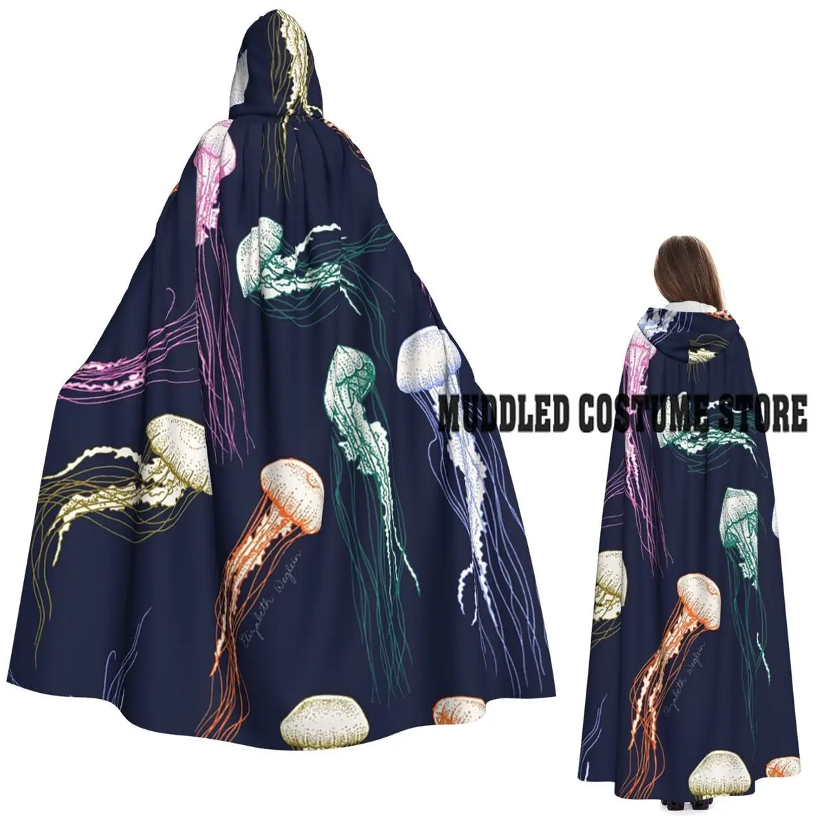 Mantello lungo con cappuccio meduse arcobaleno Costume medievale da strega Mantello cosplay Cappotto di Halloween Adulto unisex