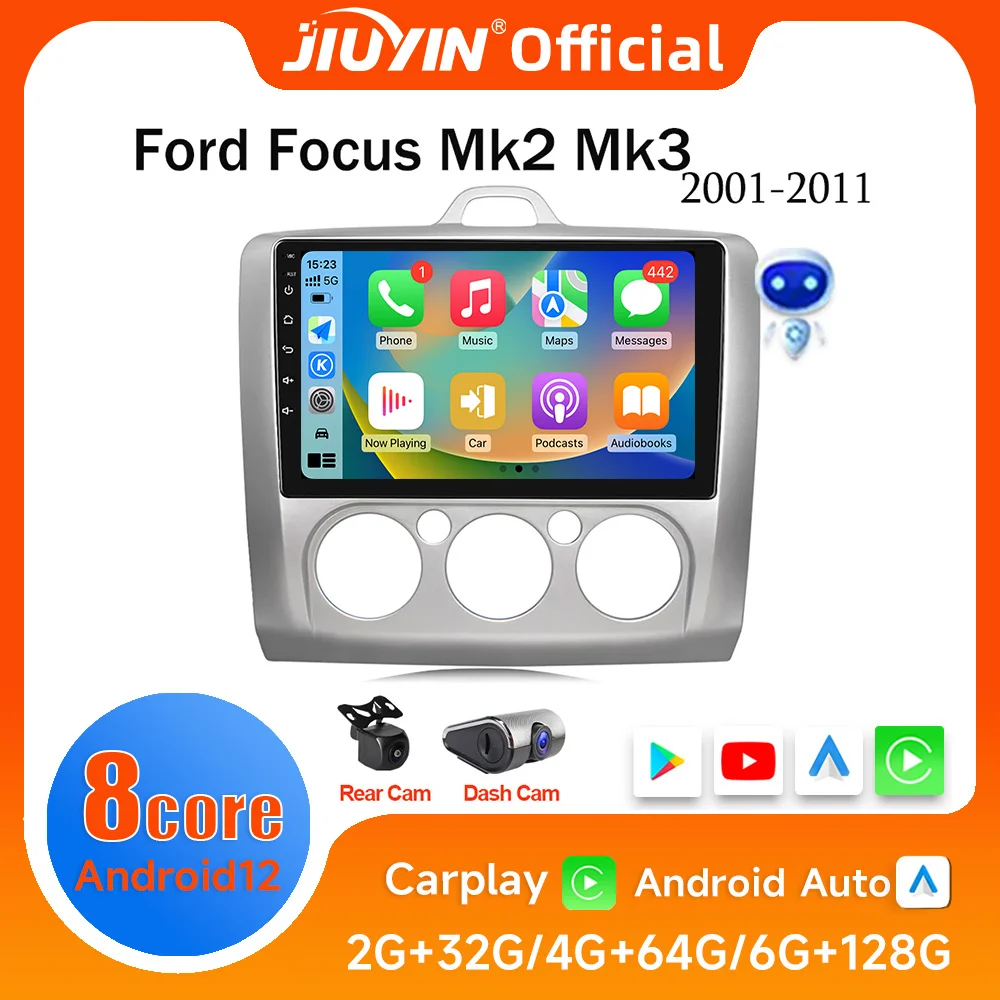 JIUYIN Android 12 Car Radio for Ford Focus 2 3 Mk2 Mk3 2004 2005 - 2011 Multimedia Carplay Stereo DVD Player Navigation GPS 2Din