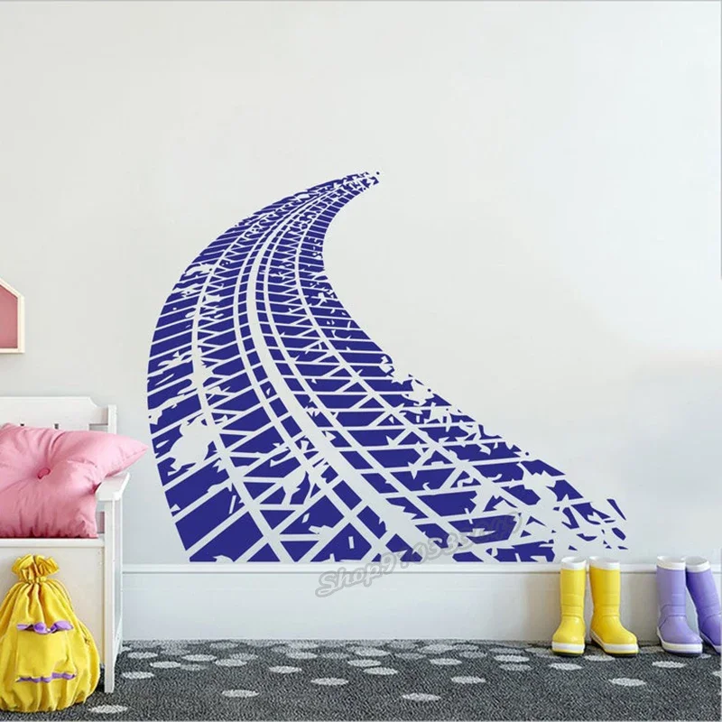 Tire Tracks Wall Decal Race Car Auto Motorcycle Sports Tire Marks Vinyl Wall Sticker Funny Teen Kids Boy Bedroom Decor C615
