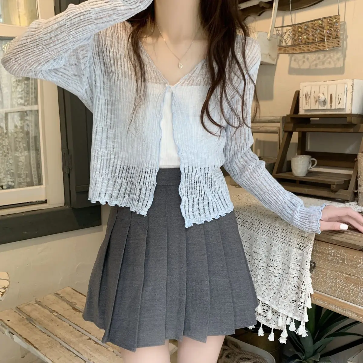 

Корейский вязаный открытый кардиган Sle First Love Long Sve, летнее прикрытие, легкое полое пальто, шило