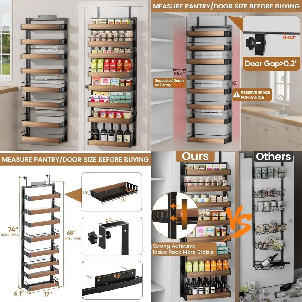 8 Tier Over The Door Pantry Organizer, 2 IN 1 Wall Mount or Hanging Spice Rack Seasoning Shelves with Adjustable Basket, Back of