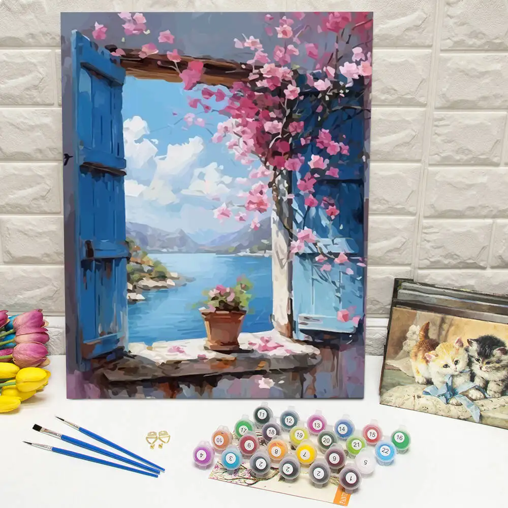 Ölgemälde nach Zahlen, Berglandschaft, DIY, digitale Malerei, Haus, Baum, Landschaft, Bild, Kunsthandwerk auf Leinwand, handgemaltes Geschenk