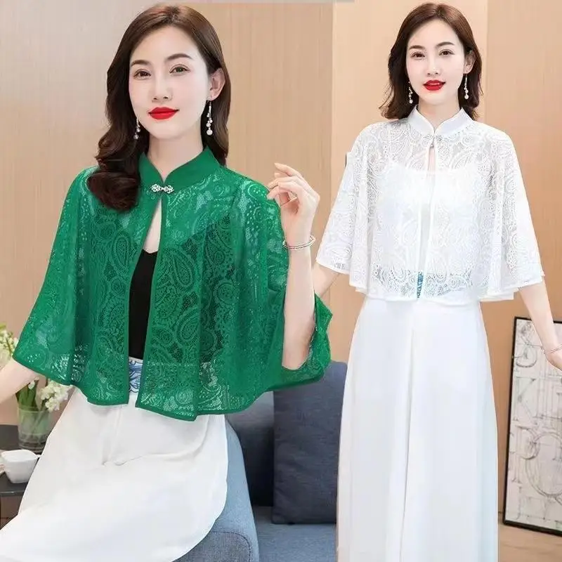 春夏薄手ショールジャケット女性の-2023-新しいトレンディなレースアウターオープンカーディガンカウルネック軽量マッチングストラップ