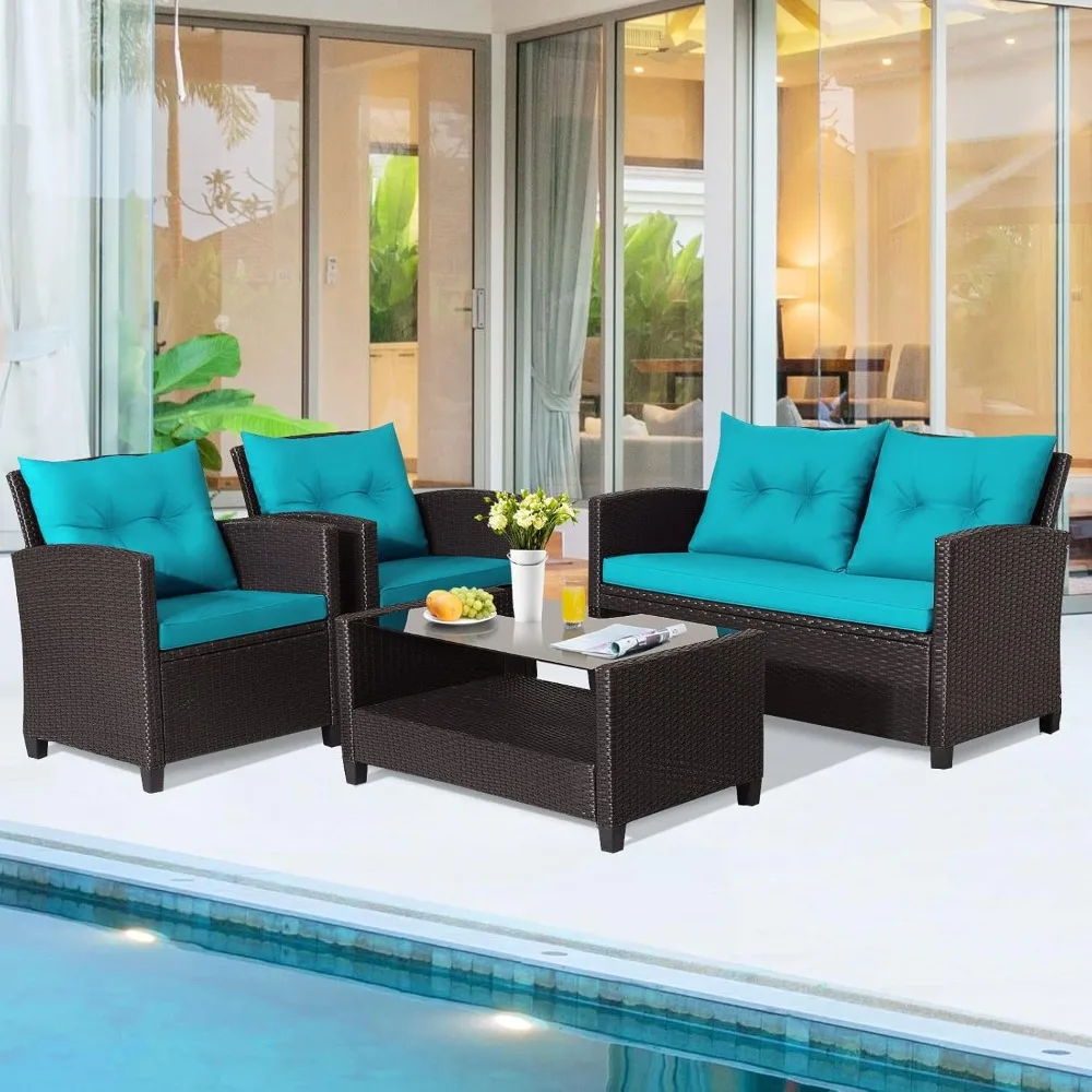 4 Pieces Patio Furniture Set Outdoor PE Rattan Conversation Set with 2-Tier Coffee Table, Extra Storage Shelf and Cushions