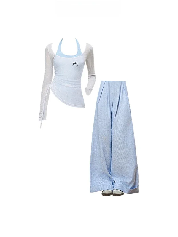 

Spicy Girl Design Blue Ne Hanging Vest White irt Wide Leg Pants Tee Piece Set Summer Faion plus Size Women's Outfits