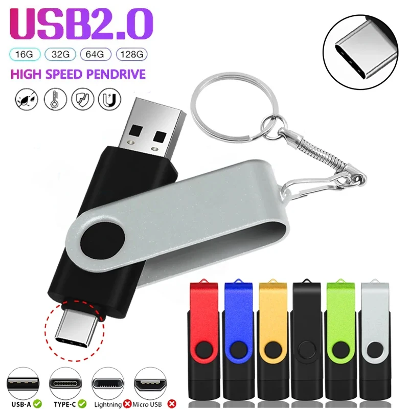 

TYPE-C 2 IN 1 Pen Drive With Free key Ring 128GB Rotatable Metal USB 2.0 Flash Drive 64GB Business Gift Memory Stick 32GB 16GB