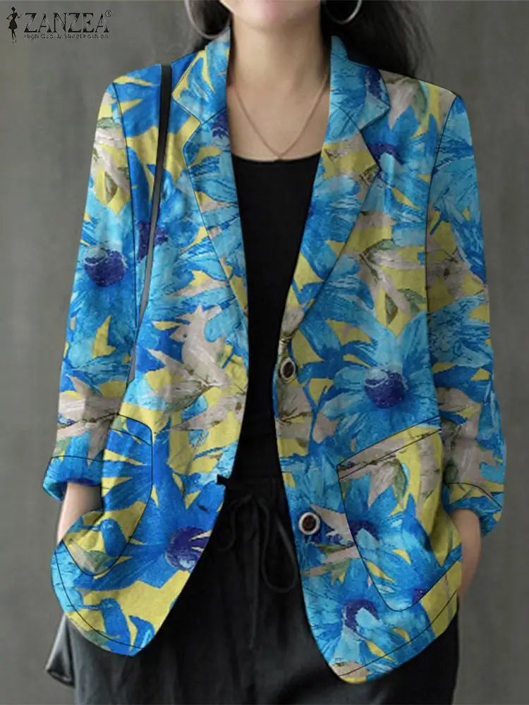 ZANZEA-blazer estampado floral para mulheres, jaquetas soltas casuais, casacos finos com gola lapela elegante, roupas vintage, manga longa, outono, 2024