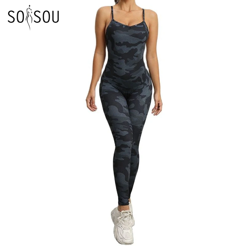 SOISOU Nylon Jumpsuit Women One-Piece Sportswear Gym Yoga Bodysuit Fitness Elastic Tight Fit Removable Chest Pad Womens Clothing