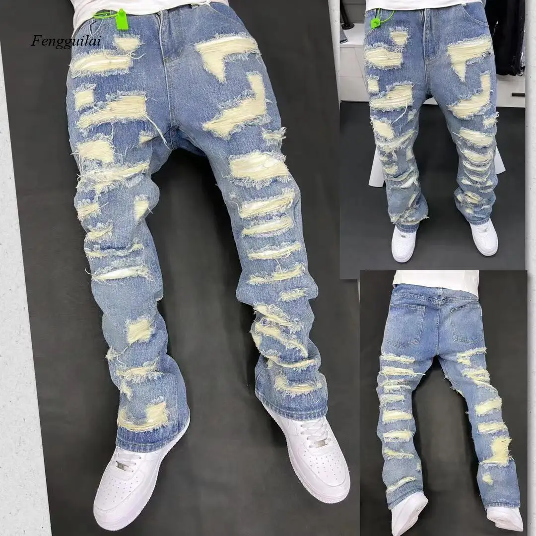 

Vintage All-Over Ripped Baggy Jeans for Men Heavy Distressed Washed Blue Denim Streetwear Pants
