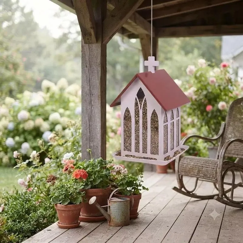 Large Church Shaped Metal Hanging Bird House Weatherproof Antique Outdoor Bird Feeder Garden Decoration