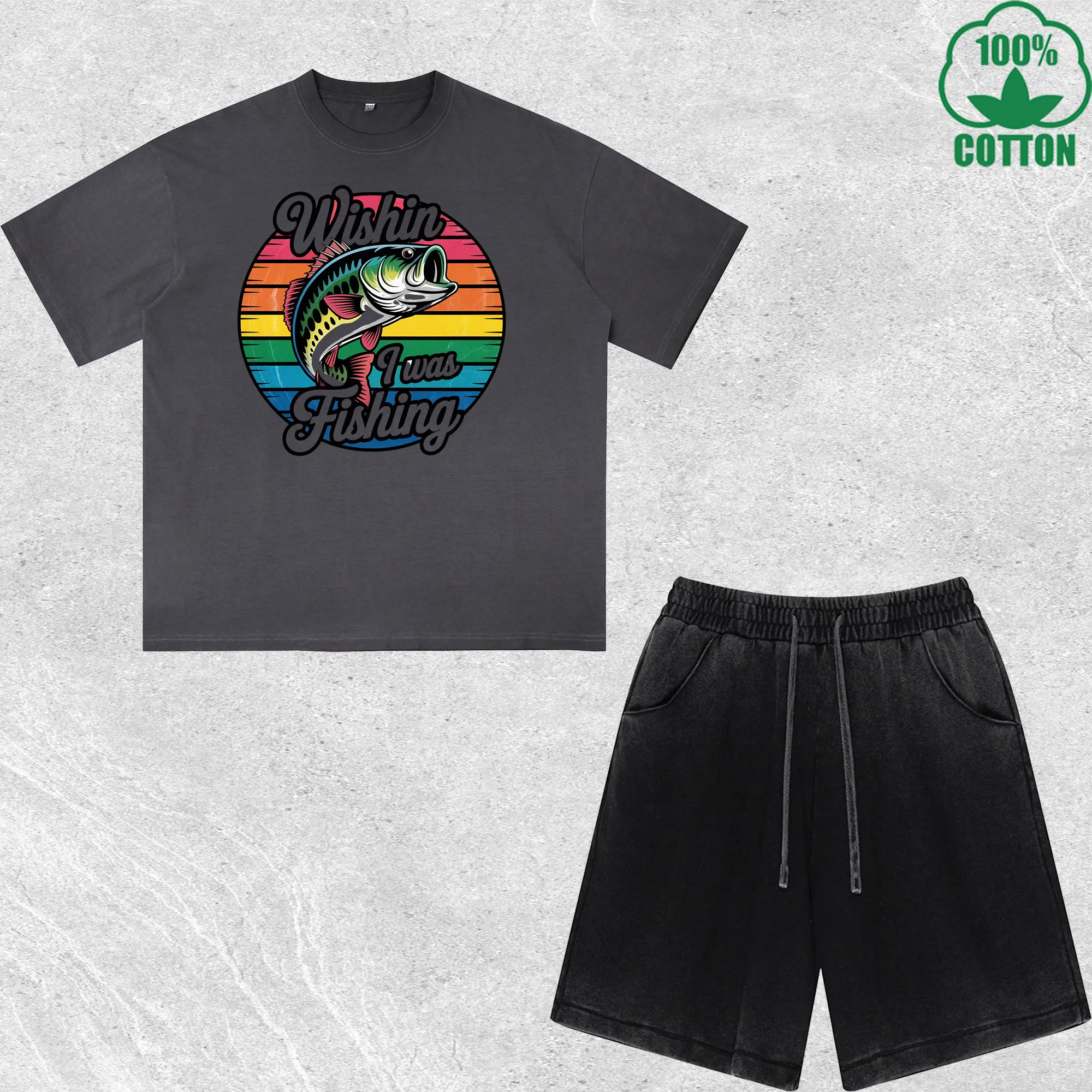 

Wishing Fishing Printed Dirty Wash T-Shirt Shorts Set Multicolor Combo Loose Trendy Fashionable 100%Cotton