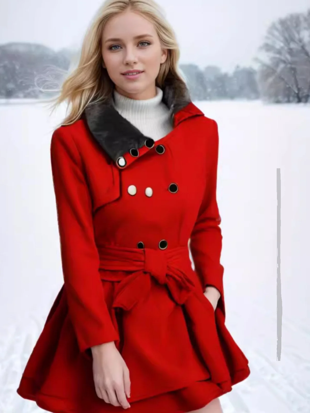 

Women's Faion Woolen Coat with Fur Collar Double Row Buttons Autumn Winter Outerwear Sweet Sle Medium Length Coat