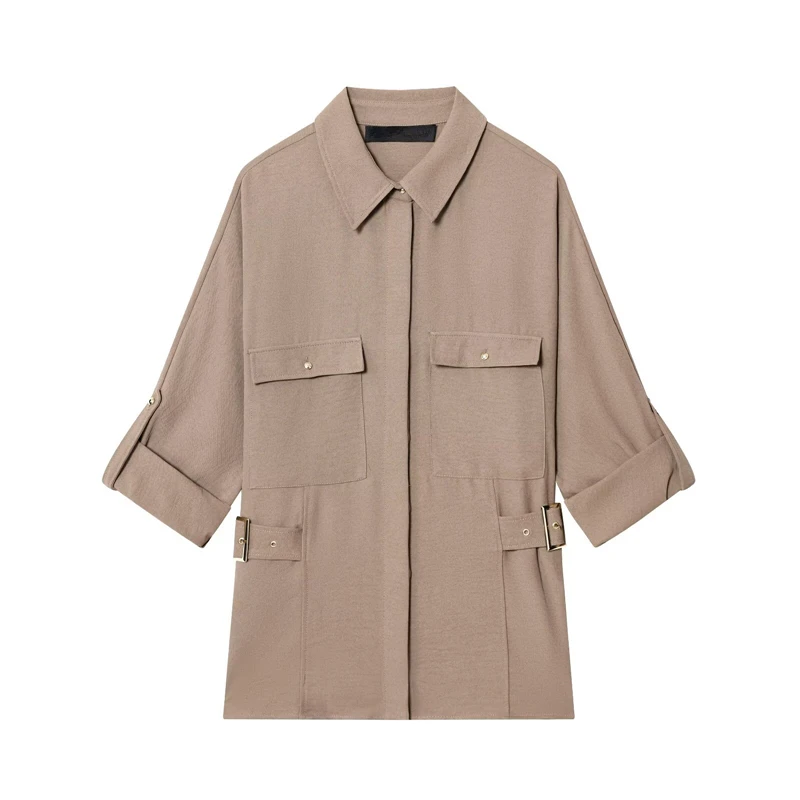 

Maxdutti Minimalist Khaki Solid Color Shirt Pants Suit Autumn Long Sleeve Pocket Shirt High Waist Casual Wide Leg Pants Sets Wom