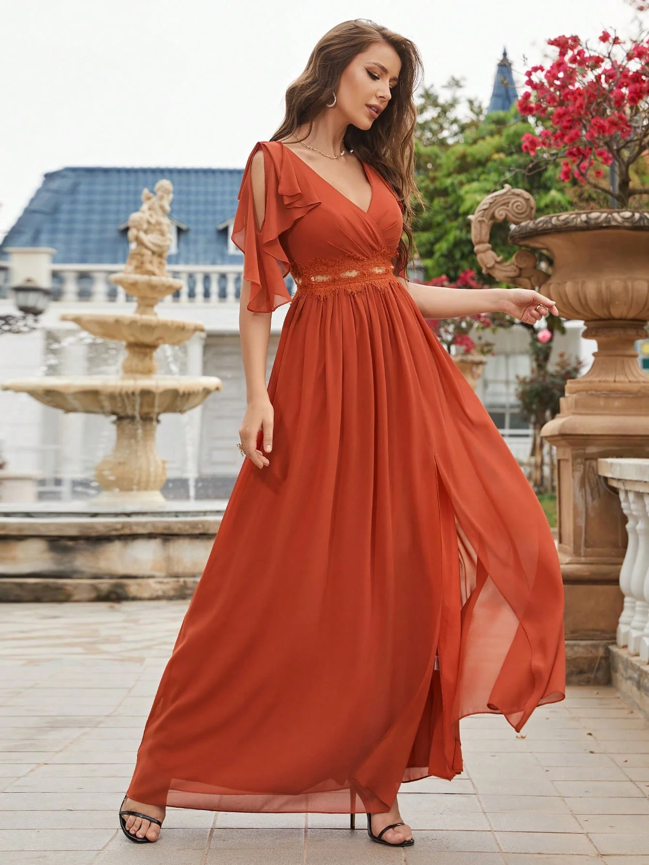 Unithorse Butterfly Sleeve Split Thigh Chiffon Bridesmaid Dress