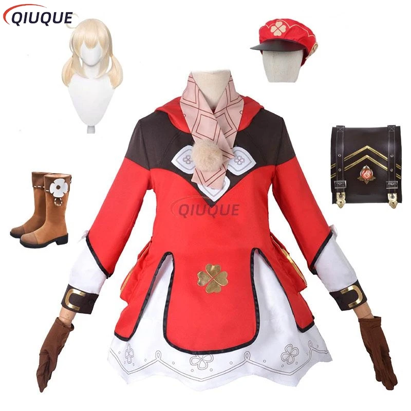 

Genshin Impact Klee Cosplay Costume Wig Backpack Boots Elf Ears Women Girls Outfit Carnival Party Uniform Dress