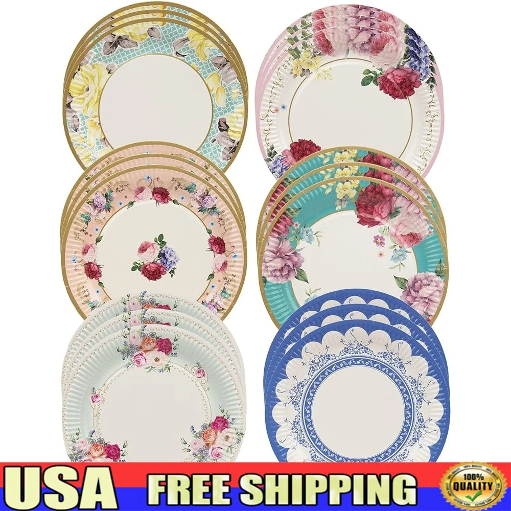 

Vintage Floral Paper Plates 24 Count Disposable Tableware Afternoon Tea Birthday Baby Shower Wedding Party Premium Quality