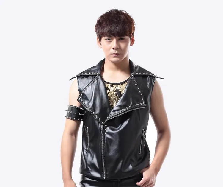 Stage Performance Costume Lapel Leather PU Rock Rive Diagonal Zipper Vest Motorcycle Camisole  Jacket Singer Hip Hop Dance Wear