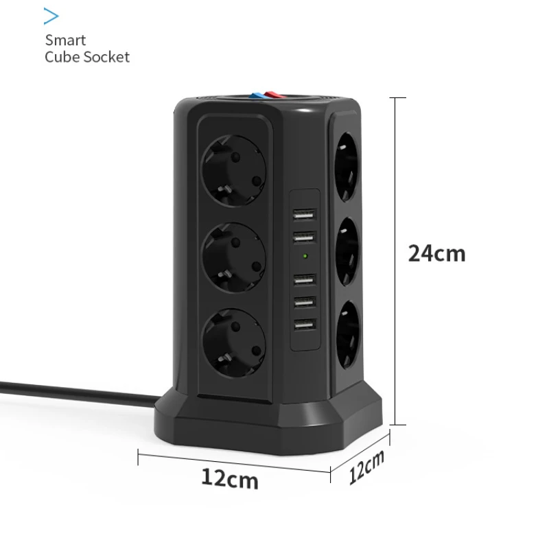 Tower Multi Power Strip Vertical EU Plug 12 Way Outlets Sockets with USB Surge Protector Circuit Protection 2m Extension Cord