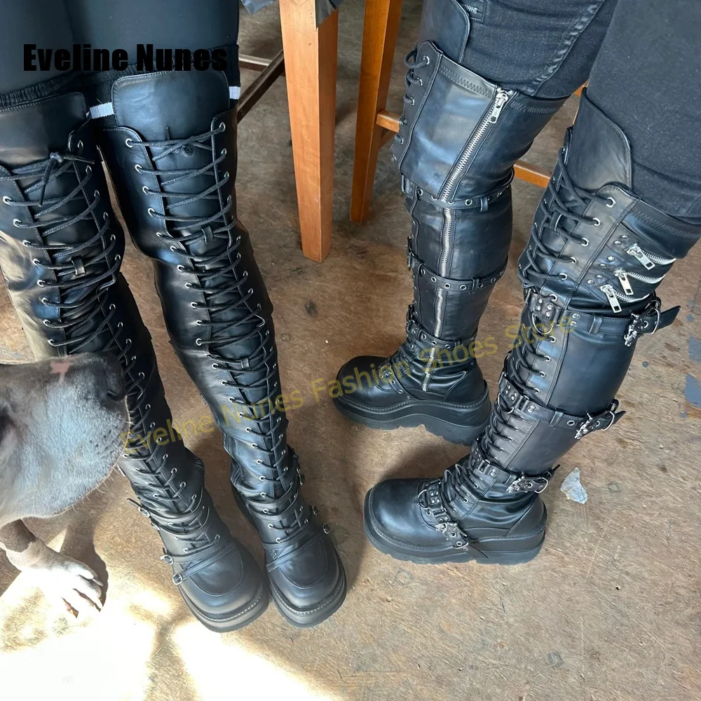 Y2K Alt Punk Over Knee Platform Boots Multi Metal Buckle Lace Up Thigh High Boots Gothic Darkwear Party Club Motorcycle Shoes