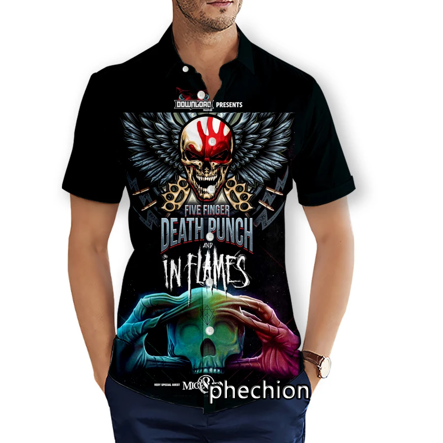 

phechion Summer Mens Short Sleeve Beach Shirts Five Finger Death Punch 3D Printed Casual Shirts Fashion Streetwear Men Tops X76