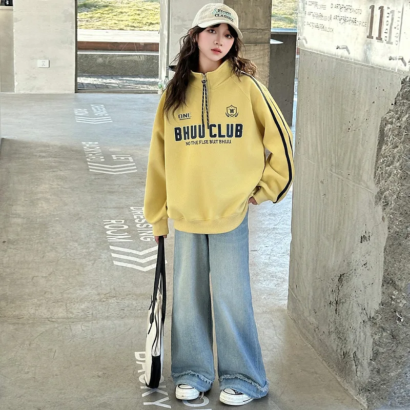 New Autumn Girls Turtleneck Sweatshirt with Half Zipper for Children Casual Streetwear Outfit Kids Teenager Fashion Clothing