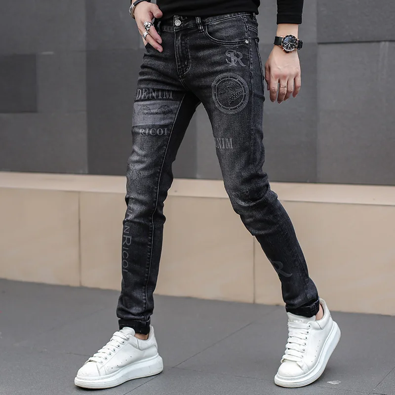 Man\'s Trousers Classic Distinctive Printed Black Stretch Denim Jeans for Men High Quality Slim Fit Stretch Hip Hop Denim Pants