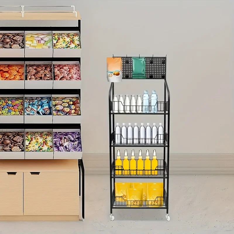 4-Tier Display Rack with Wheels, 15 Hooks Included Painted Surface, Independent Shelves, Floor Installation, Multi-Functional