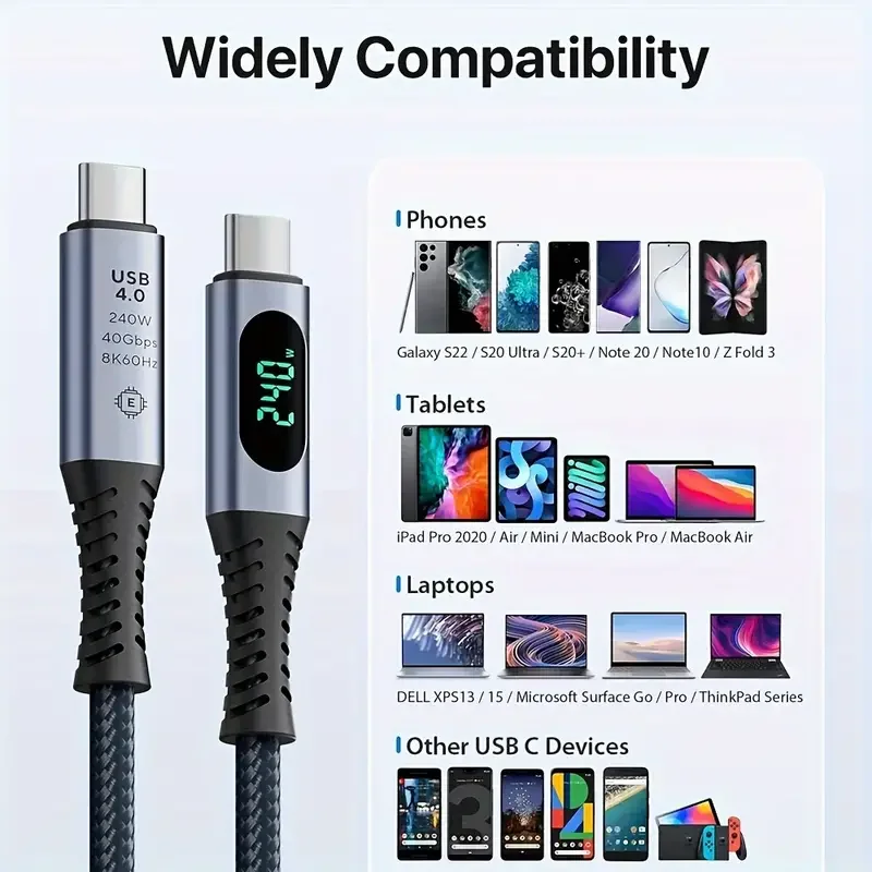 USB4 Cable with LED Display 3.3ft USB C Thunderbolt 3/4 Cable with 8K Video 40Gbps Data Transfer Fast Charging for iMAC HUB IPAD