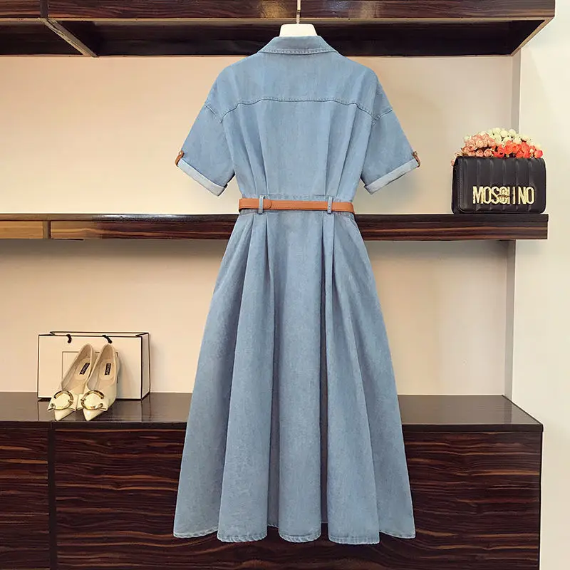 (M-5XL)  Summer Women's Denim Dress 2022 New Lady Casual Midi Short Sleeve Polo Collar Single Button Jeans Dresses