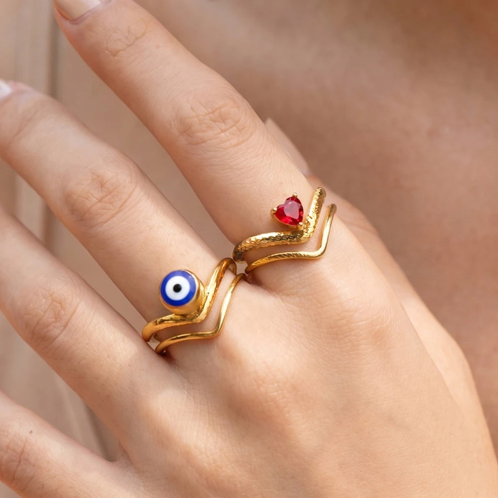 Open Ring Double Layer V-Shaped for Women, 18K Gold Plated Stainless Steel Evil Eye Heart CZ, Adjustable Stacking Gift