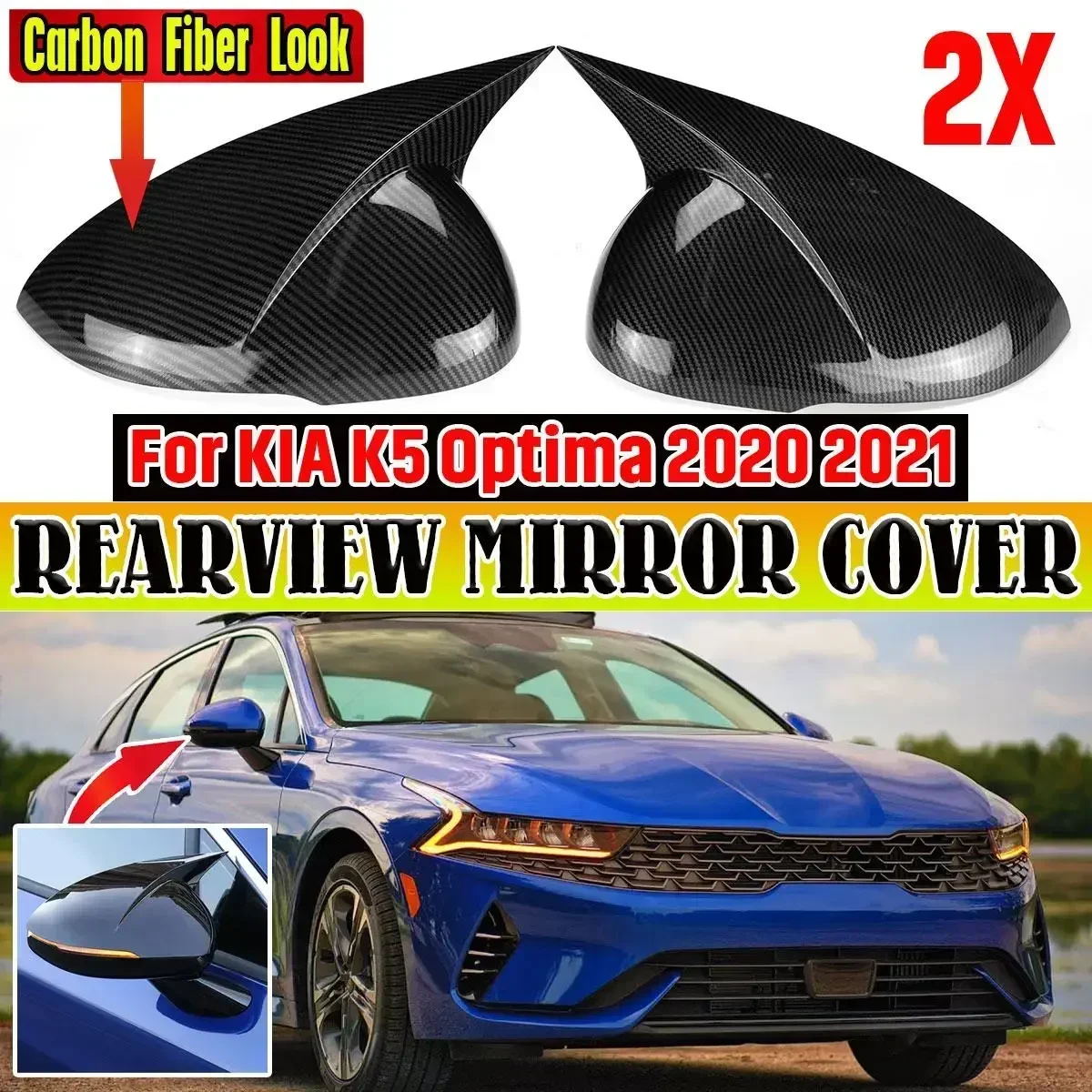 1 Piar Rearview Cover Side Door Mirror Caps Protector for KIA K5 Optima 2020 2021 Carbon Fiber Glossy Black