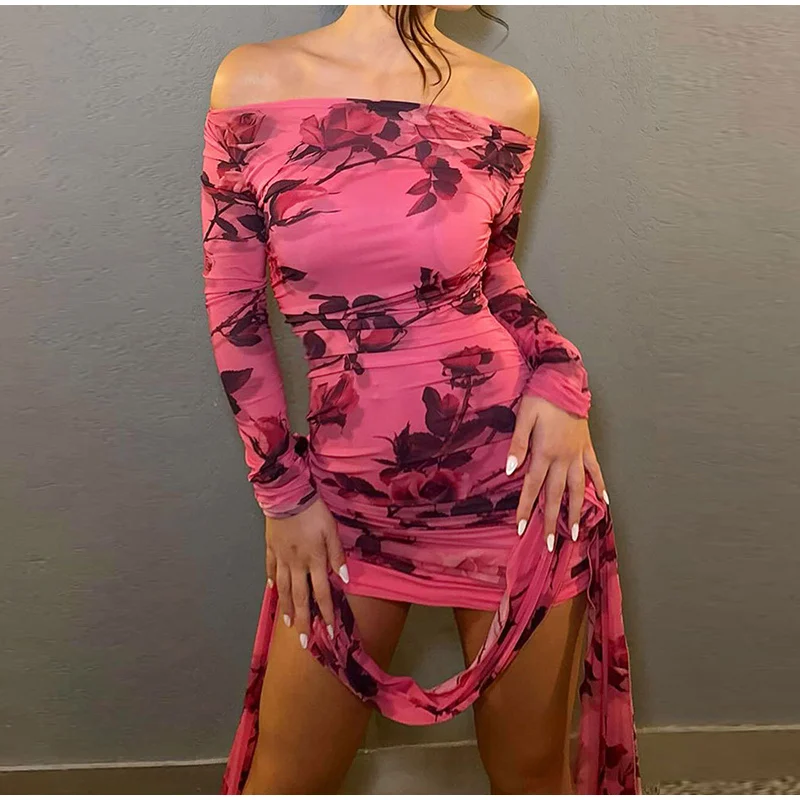Damen Rosa Rosen-Print Transparentes Mesh-Minikleid Schulterfreies Langarm-Kleid mit Raffungen und Seitlicher Schnürung Sexy Party-Clubwear – Detail 18