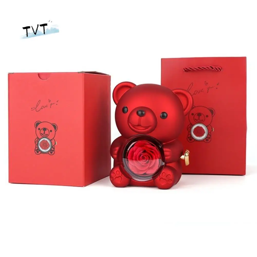 

Plastic Rotating Hugging Bear Jewelry Box Cute Romantic Rose Bear Gifts Box Jewelry Display with Soap Rose Jewelry Display Box
