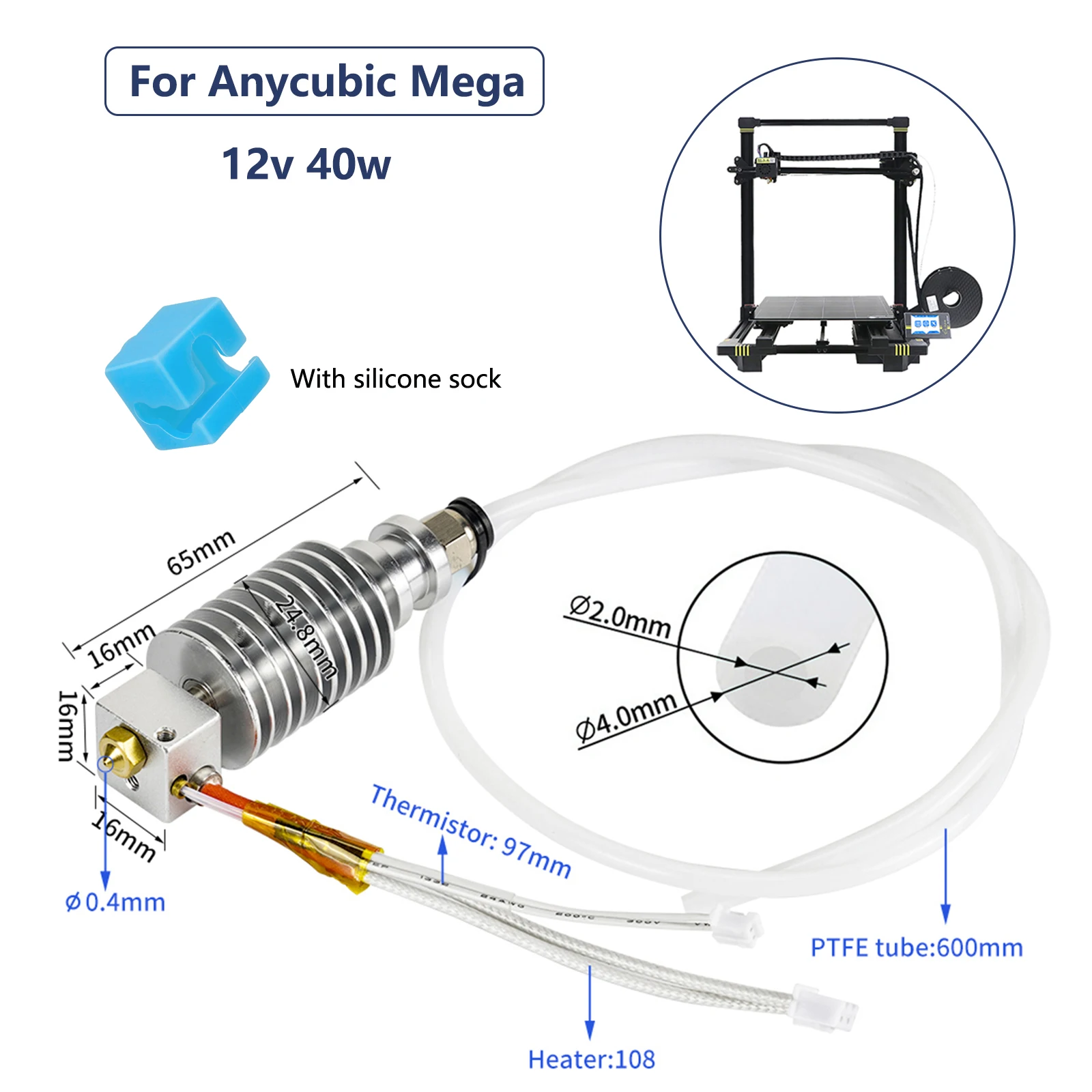 Anycubic 3D 프린터 부품, I3 메가 핫엔드, 12V 24V 히터, V5 보우덴 업그레이드 J-헤드, 메가-S 메가 제로 2.0 압출기 MK3 용