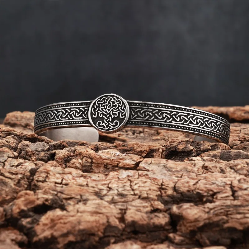 Vintage Carved Tree of Life Open Bangle, Antique Nordic Viking Celtic Knot Titanium Steel Men's Cuff Bracelet