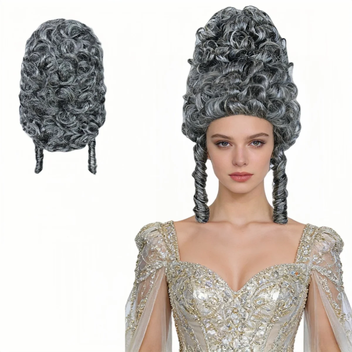 Synthetic hair, women's retro palace style! Grey high waisted curly hair wig, high crown style, suitable for masquerade parties
