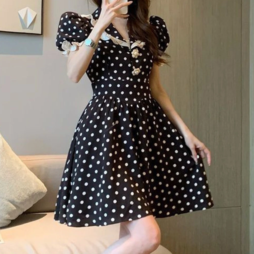 French  polka dot dress for women's summer small fragrant wind bubble sleeves ruffle leaf edge temperament waist and thin skirt